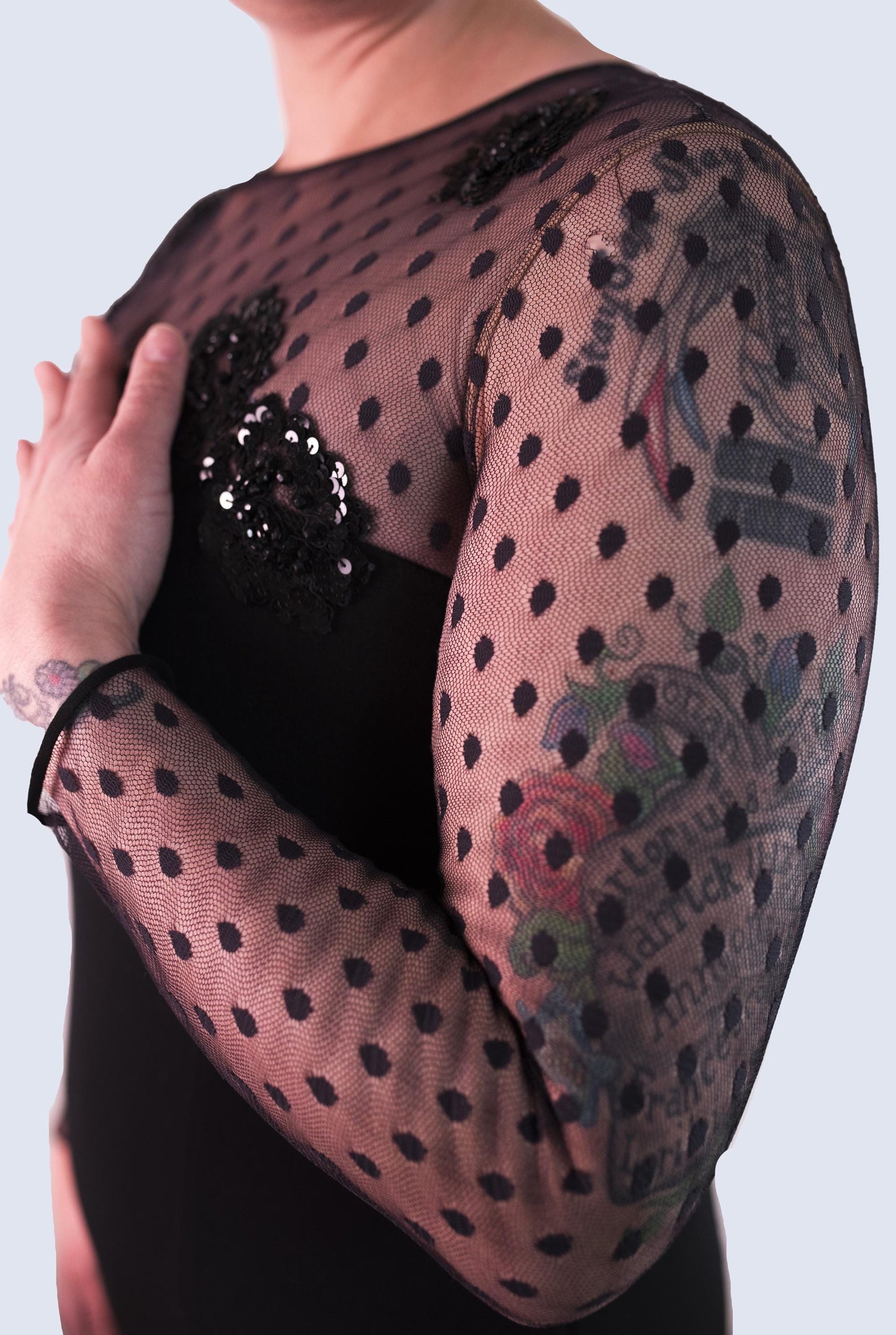 Bill Blass Black Evening Dress Sheer Polka Dot Sleeves Fringe Detail Sequin Accents Cocktail Black Skirt Knee Length Vintage Size 12