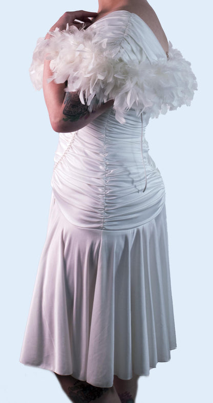Vintage 1980’s Abby Kent White Off Shoulder Feather Sequin Embellished Ruched Cocktail Dress Size 8/10 Stretchy Marilyn Monroe Asymmetrical