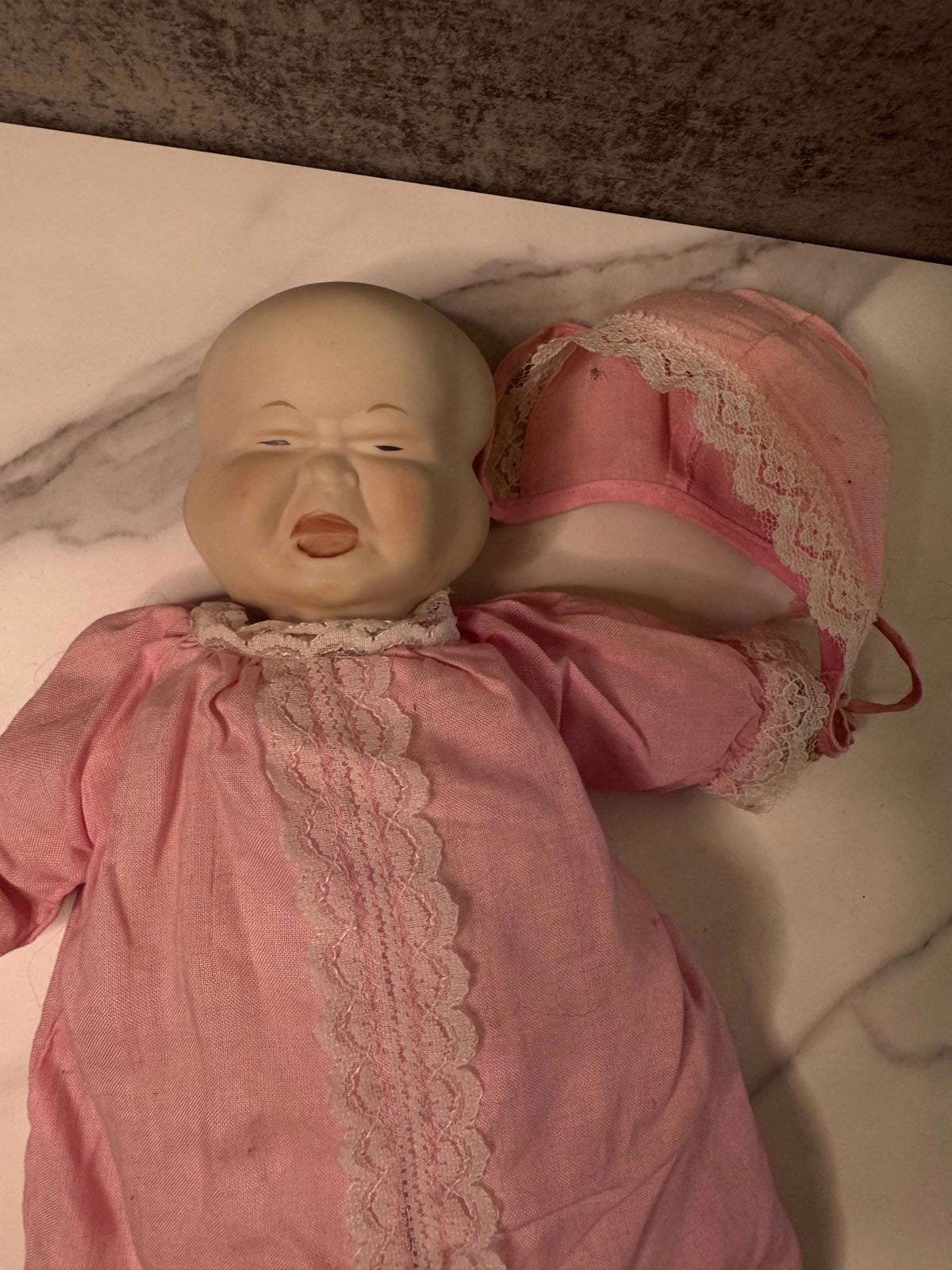 Creepy Composition Baby Doll – Changing Faces, Pink Gown u0026 Lifeless Charm