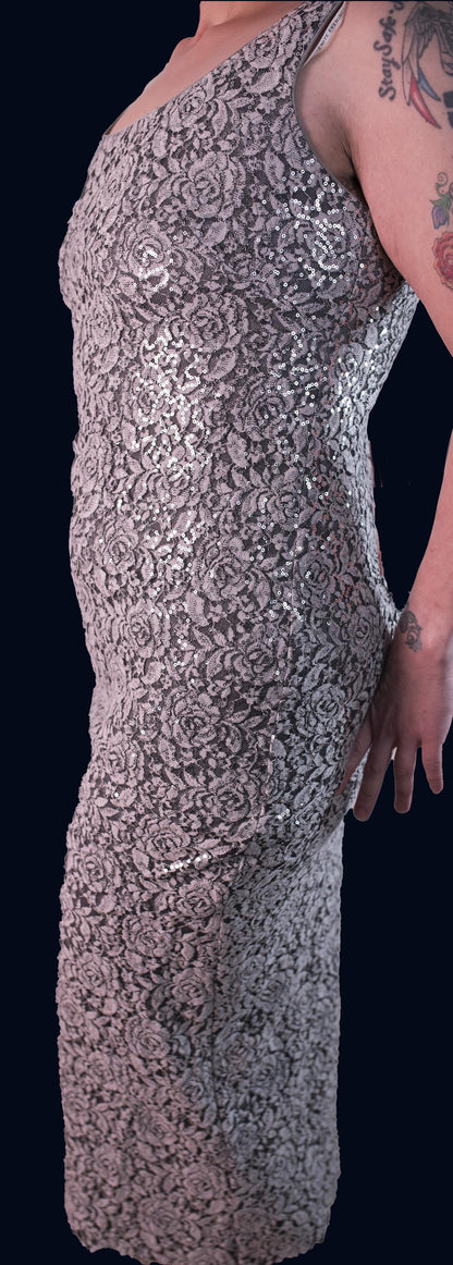 Vintage IgNite Evenings By Carrollin Evening Dress Silver Rose Metallic pattern Sleeveless Fitted Stretch Size 14 Elegant Wedding Prom