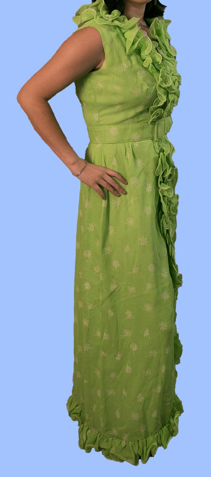 Vibrant Lime Green Full Length Dress White Embroidered Flowers Ruffles Around Collar and Front Spring Wedding Vintage Circa 1960’s 1970’s