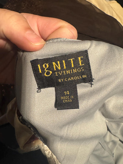 Vintage IgNite Evenings By Carrollin Evening Dress Silver Rose Metallic pattern Sleeveless Fitted Stretch Size 14 Elegant Wedding Prom