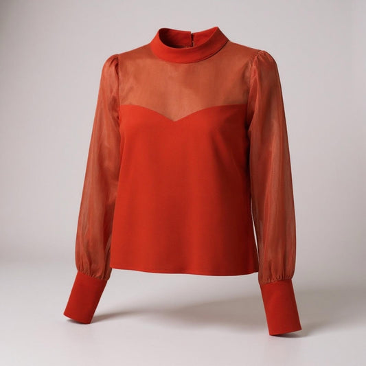 Anthropologie Flat White Orange Bishop Sleeve Sheer Organza Sleeves Retro Chic