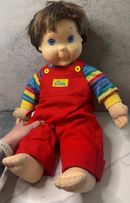 Vintage 1980s My Buddy Doll – Classic Red Overalls u0026 Rainbow Shirt